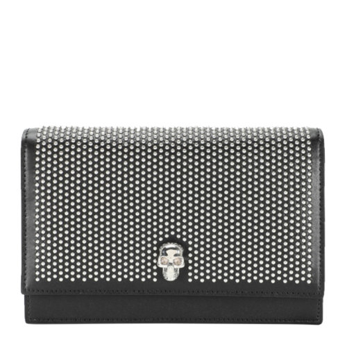 Alexander McQueen/亞歷山大麥昆女士黑色小牛皮經(jīng)典骷髏頭釘點(diǎn)綴飾單肩包斜挎包鏈條包女包 613088-1HUMI-1000