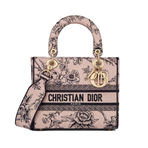 DIOR/迪奧 23新款 LADY D-LITE系列 女士中號(hào)粉色帆布刺繡花卉圖案飾有字母標(biāo)志拆卸寬肩帶斜挎手提托特包M0565ORYZ_M973