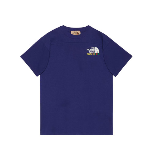 GUCCI/古馳 22秋冬款 The North Face聯(lián)名系列 男士深藍(lán)色純棉飾有多色針織LOGO圖案背面多色印花森林圖案短袖T恤?671443XJDRB4409