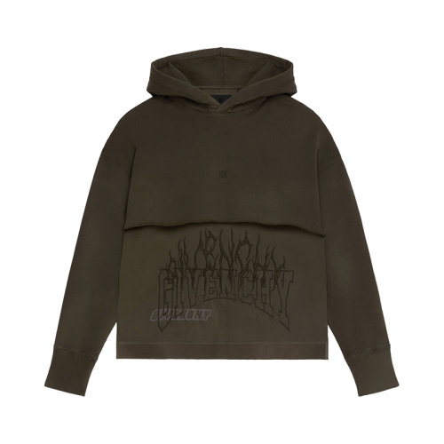 Givenchy/紀(jì)梵希 22年秋冬新款 女士軍綠色純棉分層刺繡平紋針織修身連帽衫BWJ03K3ZBJ-309