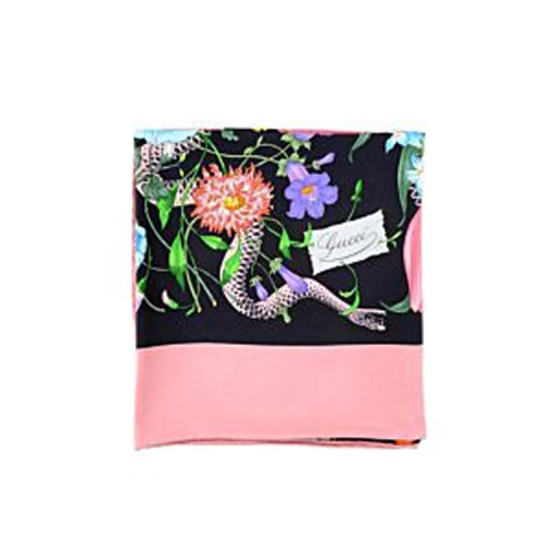 GUCCI/古馳  時尚混色 黑底粉邊絲質(zhì)花朵印花女士圍巾絲巾 452710 3G001 1072 HQY012345C