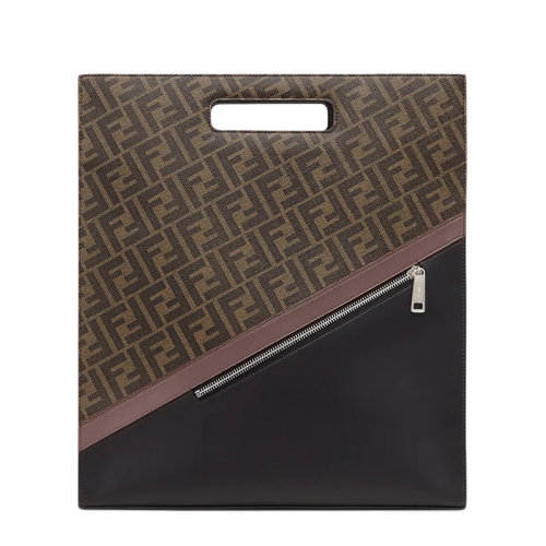 FENDI/芬迪   男士棕色老花FF圖案黑色皮革拼色單肩手提包購物袋7VA481A9XSF199B