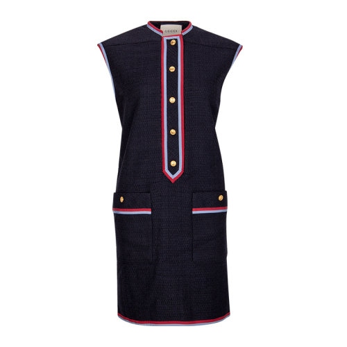 GUCCI/古馳  女裝 服飾 羊毛條紋金扣時尚修身無袖 女士連衣裙裙裝