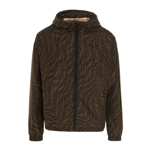 Fendi/芬迪 男士棕色滌綸經(jīng)典雙F字母徽標(biāo)印花裝飾拉鏈開合長袖上衣連帽夾克外套 FAA830-AGBI-F1AKH