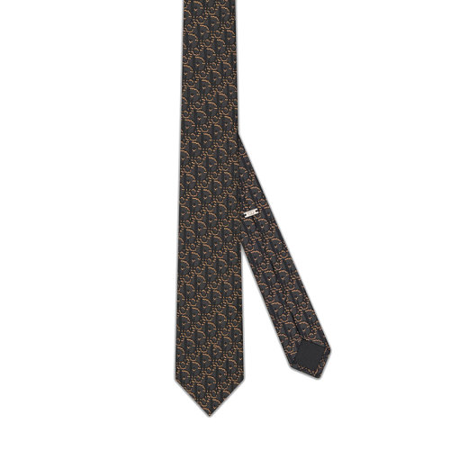 DIOR/迪奧 22年早春新款 男士咖啡棕色/黑色和灰色桑蠶絲老花印花領(lǐng)帶28C1047A0660_C788