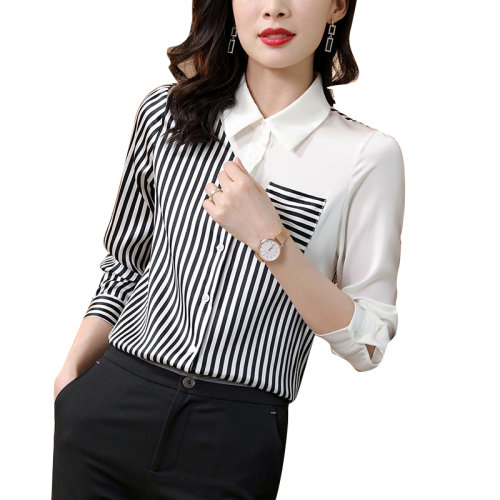 GeleiStory/GeleiStory  春季新款女裝上衣條紋桑蠶絲襯衣女  女裝＞女士襯衫＞女士長袖襯衫