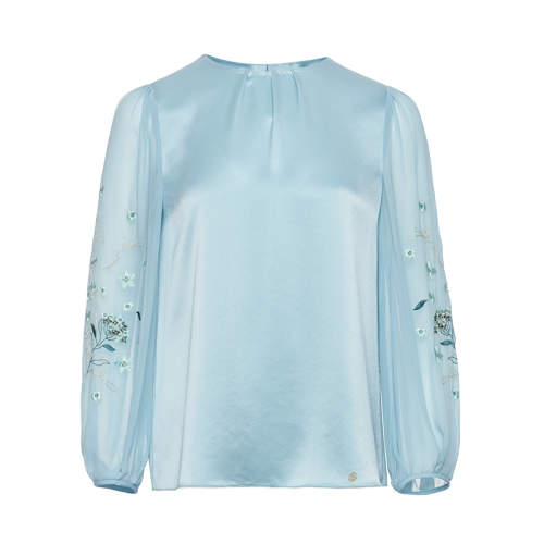 HUI/卉 女士長袖襯衫20秋季新品水綠色圓領(lǐng)捏褶襯衫刺繡設(shè)計(jì)套頭衫