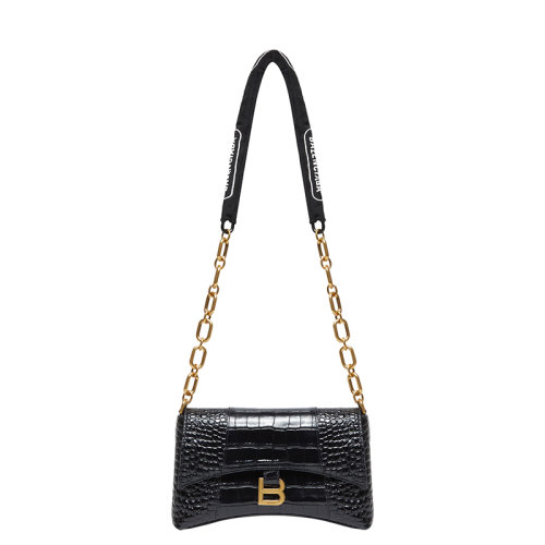 BALENCIAGA/巴黎世家 22春夏新款Downtown系列 女士XS號(hào)黑色牛皮革鱷魚(yú)壓紋彎曲徽標(biāo)鏈?zhǔn)絾渭绨?6891212106F1090