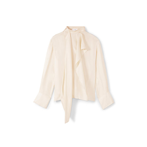 St.John/盛薔米色桑蠶真絲垂墜領(lǐng)帶女士長袖襯衫上衣K511W72