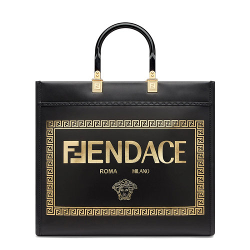 FENDI/芬迪 22新款Sunshine系列 女士Fendace聯(lián)名款中號(hào)徽標(biāo)印花黑色皮革有機(jī)玻璃硬質(zhì)手柄手提包8BH386AJT0F0KUR