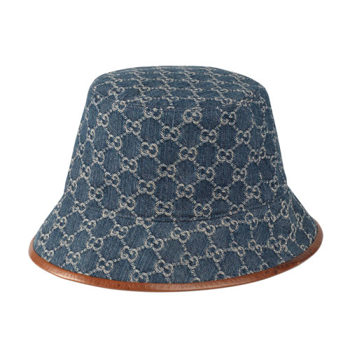 GUCCI/古馳  深藍(lán)色米色雙G提花帆布棕色皮革飾邊漁夫帽5763714HAC34264