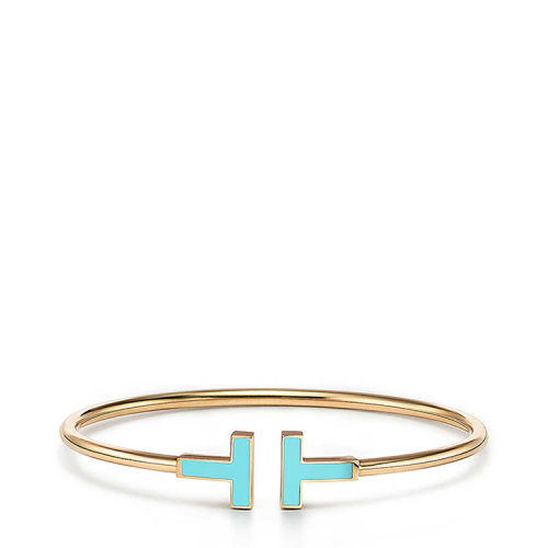 Tiffany & Co./蒂芙尼 經(jīng)典Tiffany T系列 18K金黃金鑲嵌綠松石T形Wire手鐲GRP11108