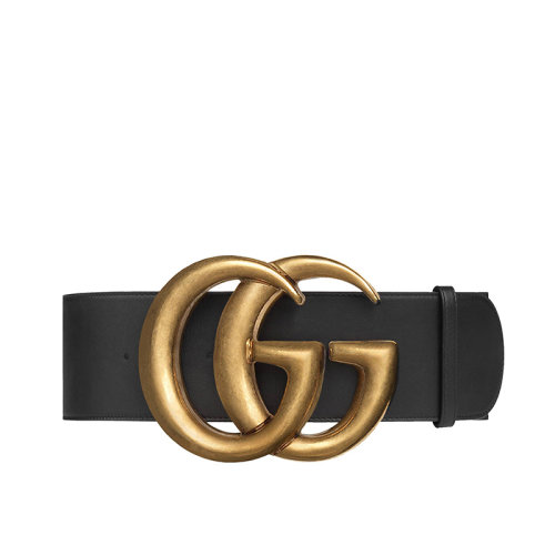 GUCCI/古馳 經(jīng)典款女士黑色皮革雙面金色雙G寬腰帶 453265 AP00T 1000