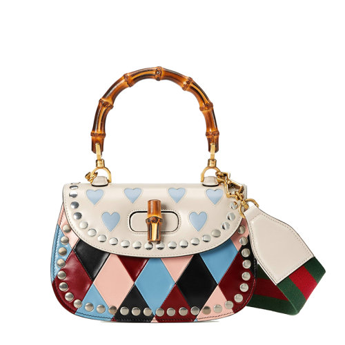 GUCCI/古馳 22新款Bamboo 1947系列 女士淺藍色/粉色皮革菱形Lovelight主題印花鉚釘滾邊細節(jié)竹節(jié)鎖扣紅綠肩帶單肩斜挎手提竹節(jié)包675797AAAW44950