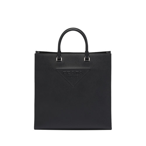 PRADA/普拉達(dá) 22年新款 男士黑色皮革壓花徽標(biāo)提手可拆卸調(diào)式黑色米色刺繡織帶肩帶托特包2VG084_2FAD_F0002_V_DOO