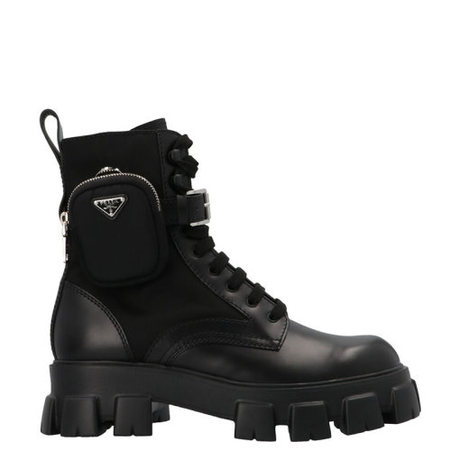 PRADA/普拉達(dá) Monolith系列 男士黑色皮革和尼龍中筒靴2UE007_3L09_F0002_F_D002