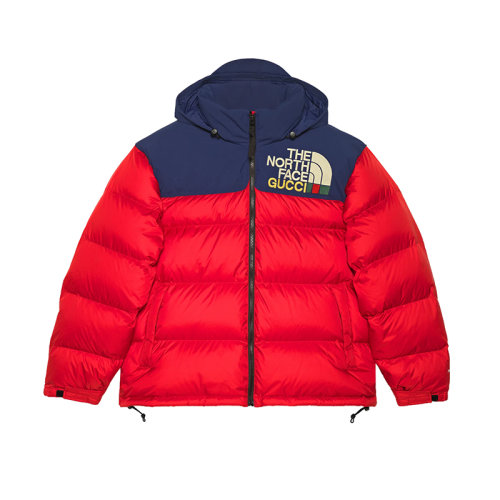 GUCCI/古馳 22秋冬款 The North Face聯(lián)名系列 女士紅色聚酰胺飾有彩色刺繡LOGO圖案織帶印花標(biāo)志上肩海軍藍(lán)設(shè)計羽絨服夾克?663733XLUHP6159