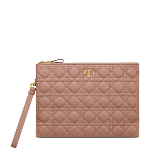 DIOR/迪奧  CARO DAILY系列 女士大號(hào)緋紅色藤格紋牛皮革拉鏈?zhǔn)帜冒黃5086UWHC_M50P