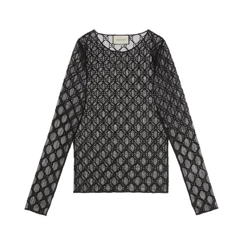 GUCCI/古馳 22年春夏新款 女士黑色棉質(zhì)混紡薄紗面料老花刺繡修身長(zhǎng)袖T恤?574407XJA861000