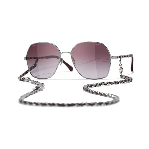 Chanel/香奈兒 22年春夏新款 女士漸變紫色鏡片暗銀色/紫色金屬與小牛皮鏡框飾鏈條方框太陽眼鏡墨鏡A71447X27388L1811