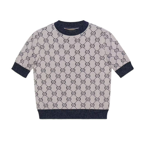 GUCCI/古馳 22年秋冬新款 Aria系列 女士象牙白色/藍(lán)色棉質(zhì)混紡金銀絲線老花提花短袖上衣692717XKB549071