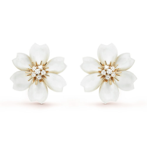 Van Cleef & Arpels/梵克雅寶 經(jīng)典Rose de No?l系列 18k金黃金鑲嵌鉆石白色珍珠母貝玫瑰耳環(huán)VCARA55600