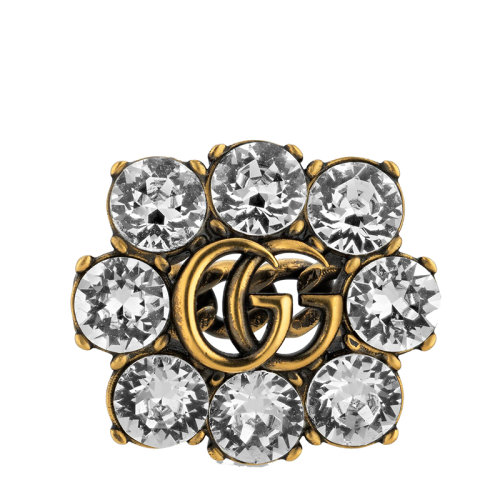 GUCCI/古馳  鍍金復(fù)古金屬雙G水晶戒指645686J1D508062