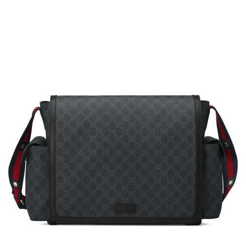 GUCCI/古馳  黑色/灰色GG老花帆布黑色皮革飾邊磁性按扣翻蓋嬰兒更衣袋?495909K5RLN1095