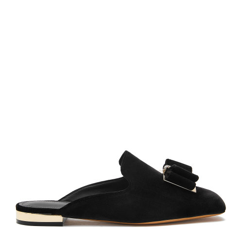 Salvatore Ferragamo/菲拉格慕 黑色 女士蝴蝶結(jié)飾緞面平底穆勒鞋 733785-01R507