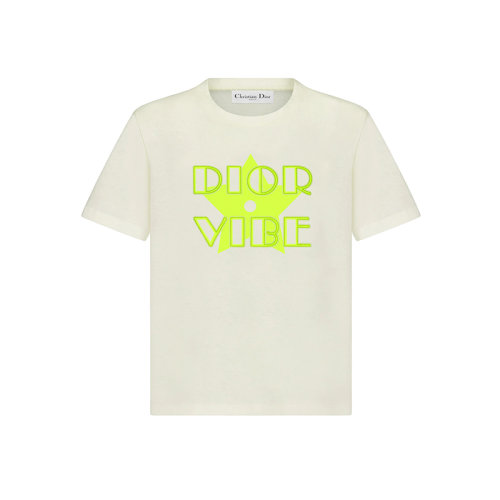 DIOR/迪奧 22年春夏新款 VIBE系列 女士米白色/熒光黃色棉質(zhì)和亞麻混紡星星Logo短袖T恤223T19A4497_X2807