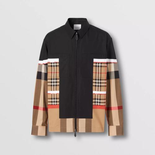  BURBERRY 22年秋冬 男士 鑲拼格紋棉質(zhì)拉鏈前襟襯衫 80557331