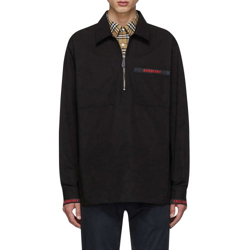 BURBERRY/博柏利 burberry 巴寶莉 男裝 純棉 黑色 半開襟 套頭襯衫 男士長袖襯衫 80113311  瑕疵特賣（陳列痕跡，不影響使用）