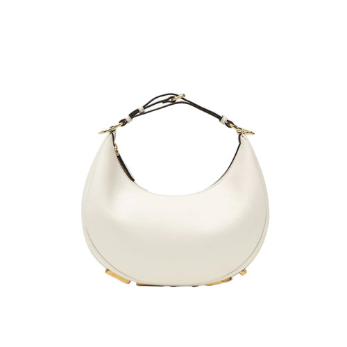 Fendi/芬迪 22年春夏新款Fendigraphy系列 女士白色皮革復(fù)古金色金屬徽標(biāo)小號(hào)新月單肩斜挎手提包8BR798A5DYF1HEL