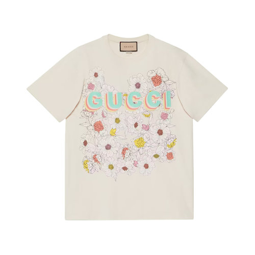 GUCCI/古馳 22年秋冬新款 Lovelight系列 女士米白色純棉花卉印花短袖T恤?706127XJERL9150