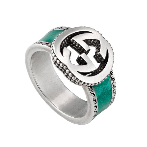 GUCCI/古馳 925銀配以綠松石琺瑯GG細(xì)節(jié)男女通用戒指 645572J84108136