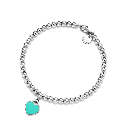 Tiffany & Co./蒂芙尼 Return to Tiffany系列 925純銀鑲鉆心形吊飾搭配藍色琺瑯珠式手鏈GRP12057