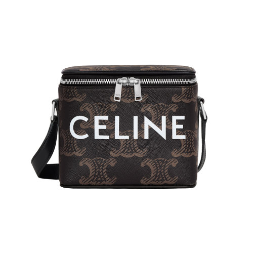 CELINE/賽琳 22秋冬新款 男士黑色印花帆布配小牛皮飾邊雙拉鏈開(kāi)合調(diào)節(jié)肩帶盒子形狀肩背手提包110592EJG.38SI