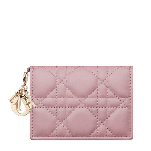 DIOR/迪奧 22新款LADY DIOR系列 女士老粉色藤格紋小羊皮飾徽標(biāo)字母金扣吊飾雙折翻蓋多卡槽卡包錢包S0011ONMJ_M77P
