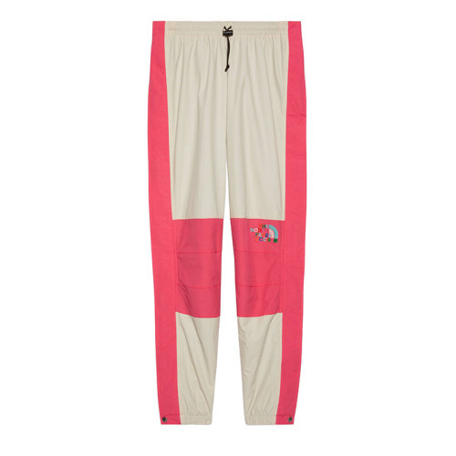 GUCCI/古馳 22秋冬款 The North Face聯(lián)名系列 女士粉色聚酰胺/棉混紡飾有彩色刺繡LOGO圖案膝蓋兩側(cè)白色設(shè)計工裝褲??663742ZAH9F9197
