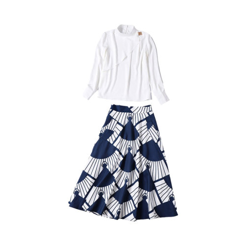 GeleiStory/GeleiStory  春夏新款氣質(zhì)百搭立領(lǐng)折位白襯衫高腰洋氣印花半身裙兩件套裝  女裝＞女士套裝＞女士休閑套裝