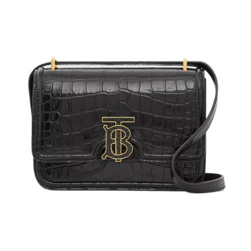 BURBERRY/博柏利 22新款 女士黑色鱷魚紋路壓紋皮革拆卸調(diào)節(jié)肩帶搭扣翻蓋開合金色拋光金屬肩背斜挎手拿包80582931