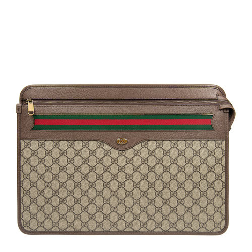 GUCCI/古馳 男士棕咖拼色PVC配皮經(jīng)典雙G字母徽標(biāo)印花拉鏈開合手拿包公文包男包 598128-96IWT-8745
