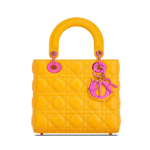 DIOR/迪奧 22新款LADY DIOR系列 女士小號日光黃小羊皮絎縫藤格紋粉扣單肩斜挎手提拉鏈包M05314NEE_M29Y