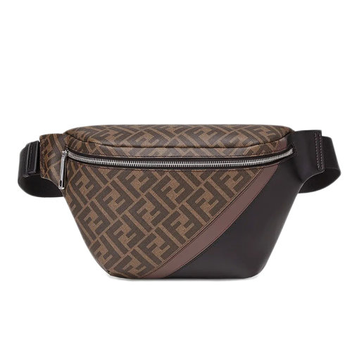 FENDI/芬迪 男士棕色老花織物拼黑色皮革斜跨包香蕉腰包7VA434A9XSF199B