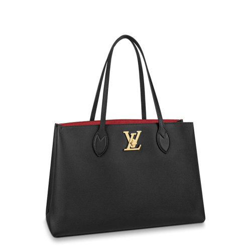 Louis Vuitton/路易威登 21新款 CABAS LOCKME系列 女士黑色柔軟粒面小牛皮金屬徽標手提托特包M57345