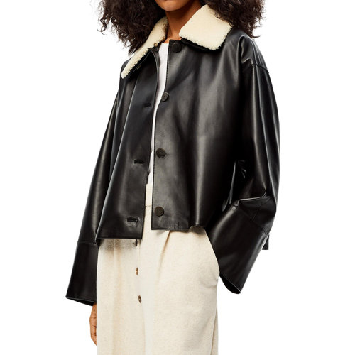 LOEWE/羅意威      女士黑色/象牙色納帕皮革和剪羊毛領(lǐng)夾克S359Y19L12-1132