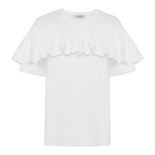 Valentino/華倫天奴 白色 女士荷葉邊設(shè)計短袖T恤 TB0MG06J5G40BO 2020年春夏