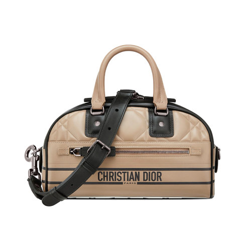 DIOR/迪奧 23新款 VIBE系列 女士小號(hào)米色/黑色壓花小牛皮飾有字母標(biāo)志拉鏈開合星形橡膠底面拆卸調(diào)節(jié)刺繡肩帶單肩斜挎手提保齡球包M6209BFCA_M918