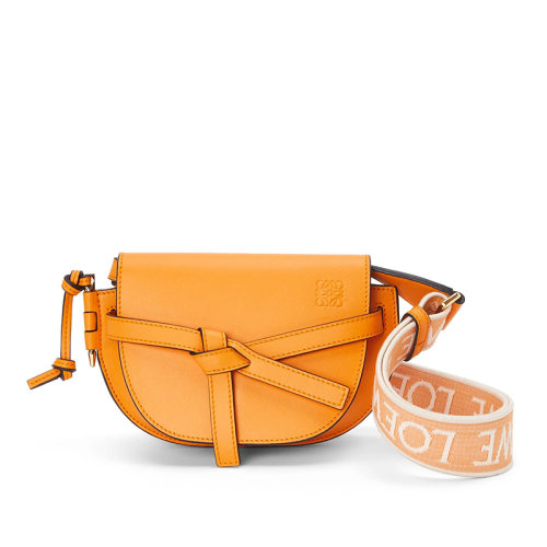 LOEWE/羅意威 22新款Gate Dual系列 女士迷你款橘色牛皮革提花織物肩帶翻蓋開(kāi)合單肩斜挎包腰包A650N46X13-9130
