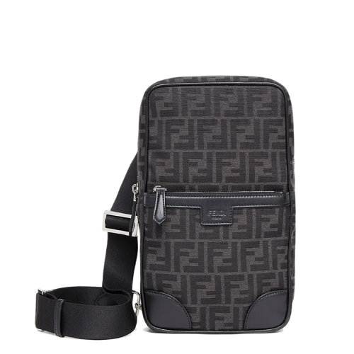 FENDI/芬迪 21新款 男士灰色黑色FF圖案提花布料皮革飾邊豎款斜挎單肩旅行背包7VZ064AG0MF0NPN